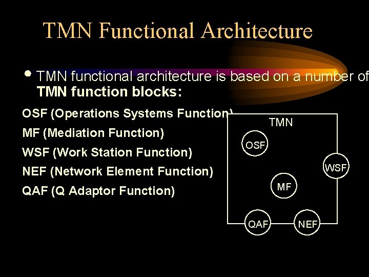 TMN Functional Architecture TMN functional architecture is based on a number of TMN function