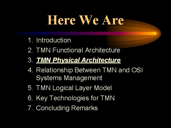 Here We Are 1. Introduction 2. TMN Functional Architecture 3. TMN Physical Architecture 4.