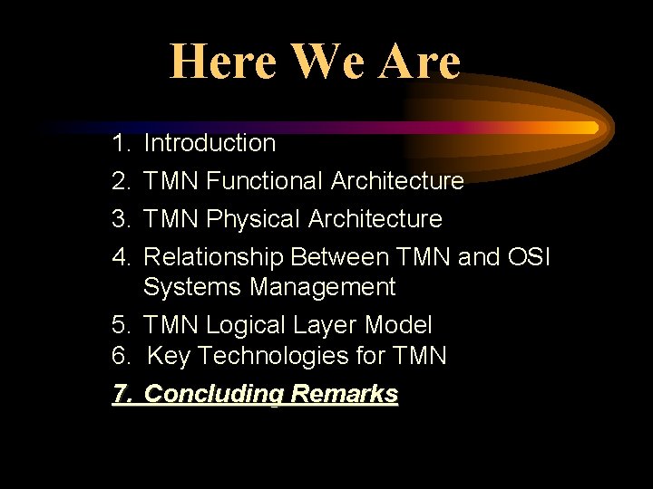 Here We Are 1. Introduction 2. TMN Functional Architecture 3. TMN Physical Architecture 4.