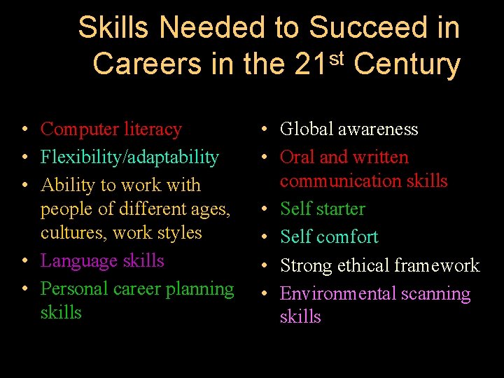 Skills Needed to Succeed in Careers in the 21 st Century • Computer literacy