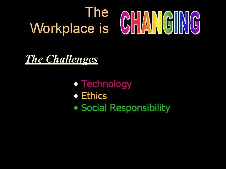 The Workplace is The Challenges • Technology • Ethics • Social Responsibility 