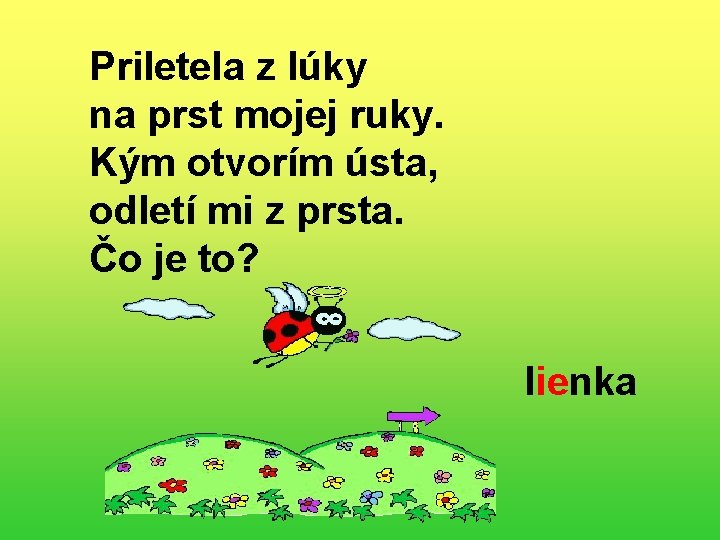 Priletela z lúky na prst mojej ruky. Kým otvorím ústa, odletí mi z prsta.