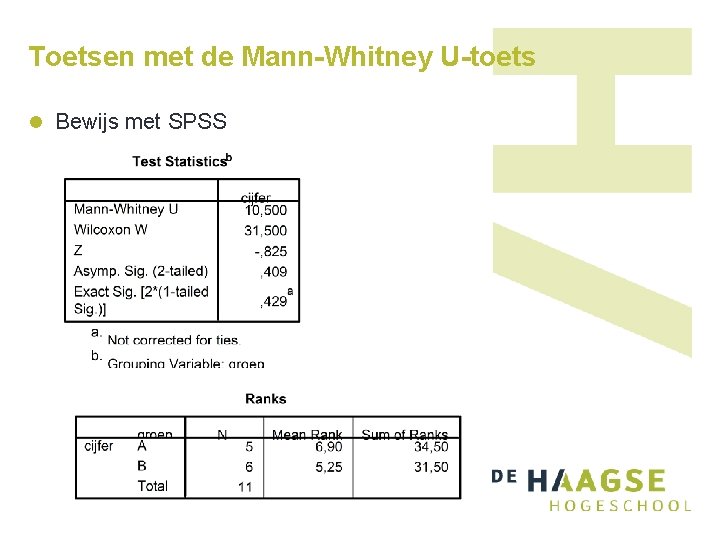 Toetsen met de Mann-Whitney U-toets l Bewijs met SPSS Toetsen met de Mann-Whitney U-toets l Bewijs met SPSS