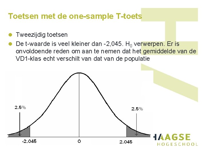 Toetsen met de one-sample T-toets l Tweezijdig toetsen l De t-waarde is veel kleiner Toetsen met de one-sample T-toets l Tweezijdig toetsen l De t-waarde is veel kleiner