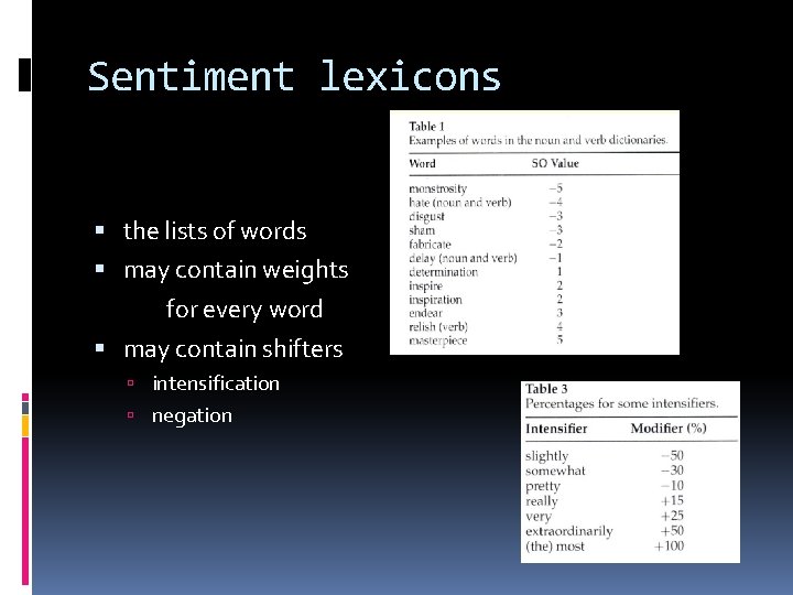 Sentiment lexicons the lists of words may contain weights for every word may contain