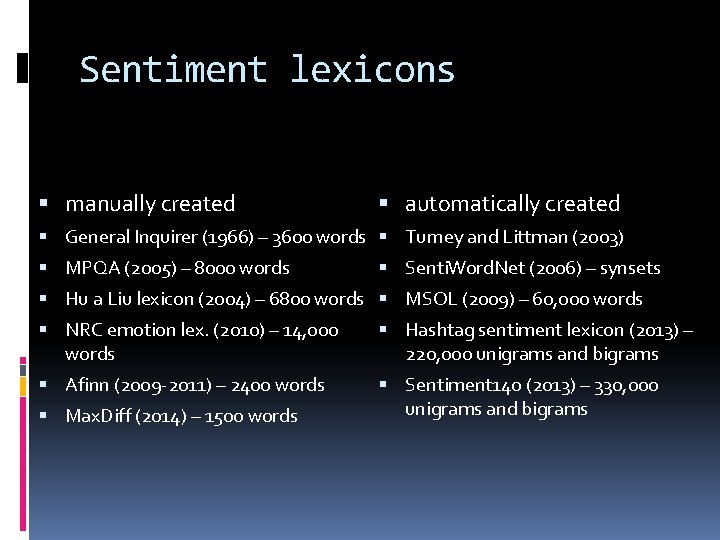 Sentiment lexicons manually created automatically created General Inquirer (1966) – 3600 words Turney and