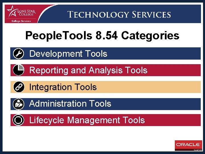 People. Tools 8. 54 Categories Development Tools Reporting and Analysis Tools Integration Tools Administration