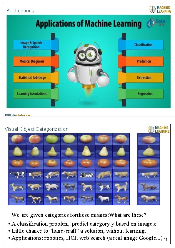 Applications 04/08/2018 15 CS 73 - Machine Learning Visual Object Categorization We are given