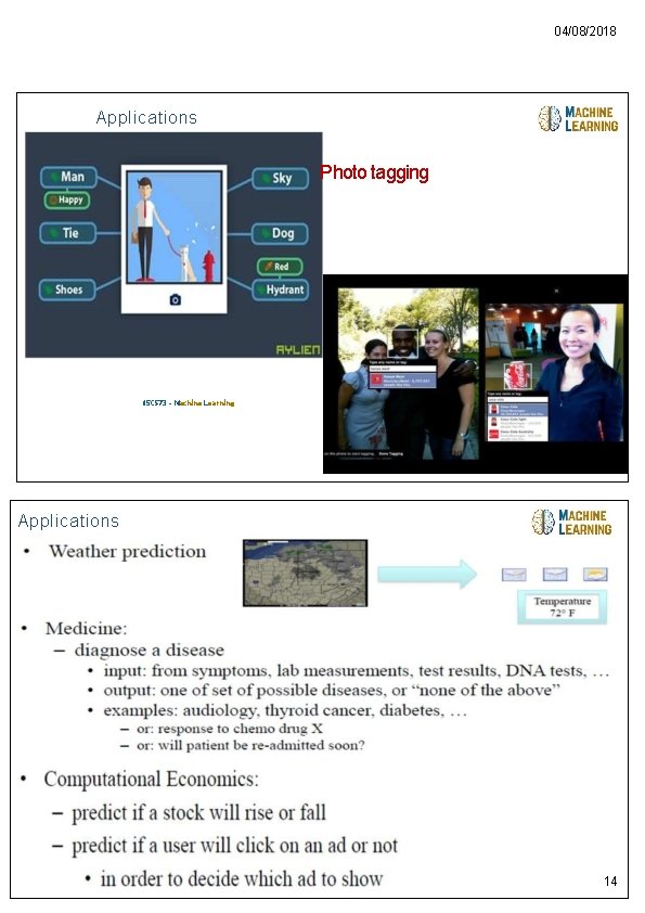 04/08/2018 Applications Photo tagging 15 CS 73 - Machine Learning 27 Applications 14 