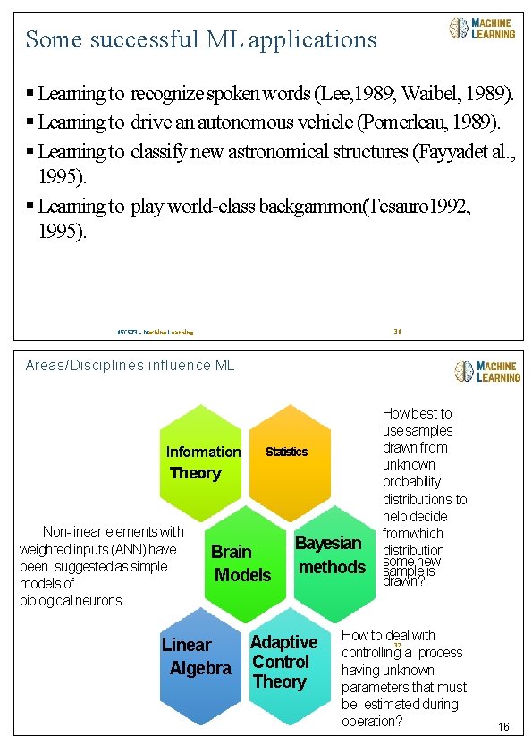 04/08/2018 Some successful ML applications Learning to recognize spoken words (Lee, 1989; Waibel, 1989).