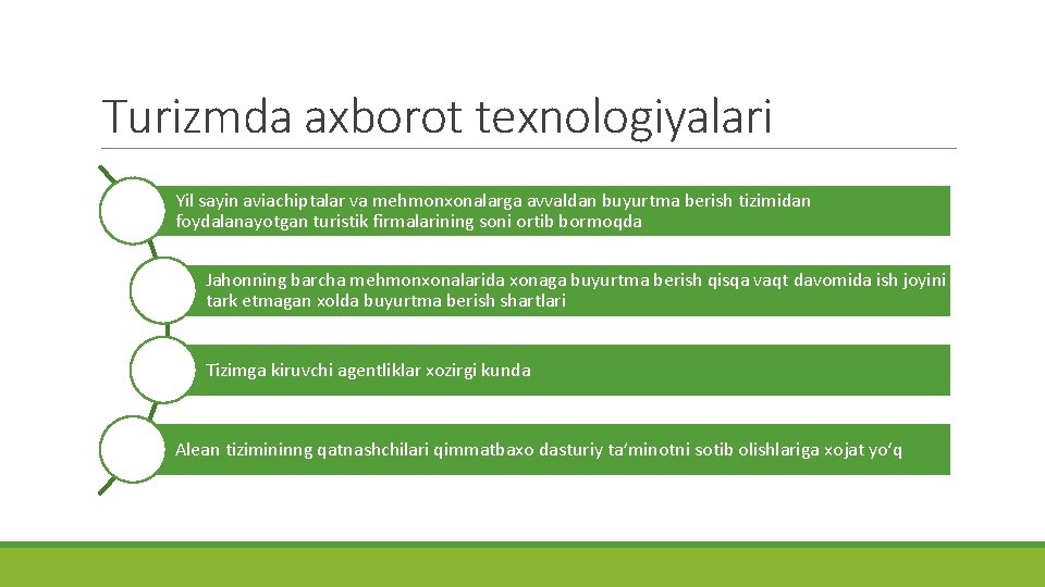 Turizmda axborot texnologiyalari Yil sayin aviachiptalar va mehmonxonalarga avvaldan buyurtma berish tizimidan foydalanayotgan turistik