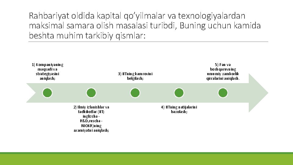 Rahbariyat oldida kapital qo’yilmalar va texnologiyalardan maksimal samara olish masalasi turibdi, Buning uchun kamida