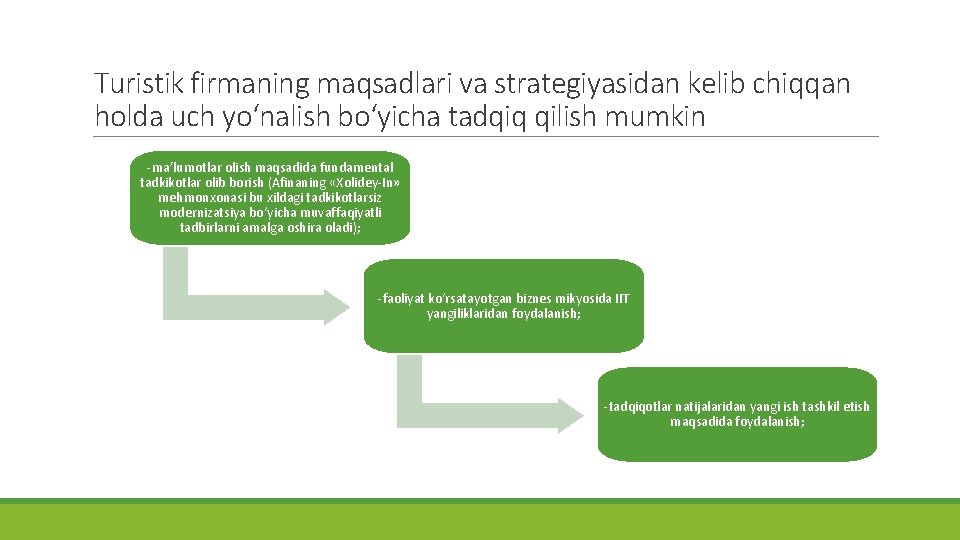 Turistik firmaning maqsadlari va strategiyasidan kelib chiqqan holda uch yo‘nalish bo‘yicha tadqiq qilish mumkin