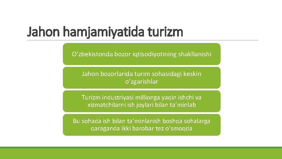 Jahon hamjamiyatida turizm O‘zbekistonda bozor iqtisodiyotining shakllanishi Jahon bozorlarida turim sohasidagi keskin o’zgarishlar Turizm