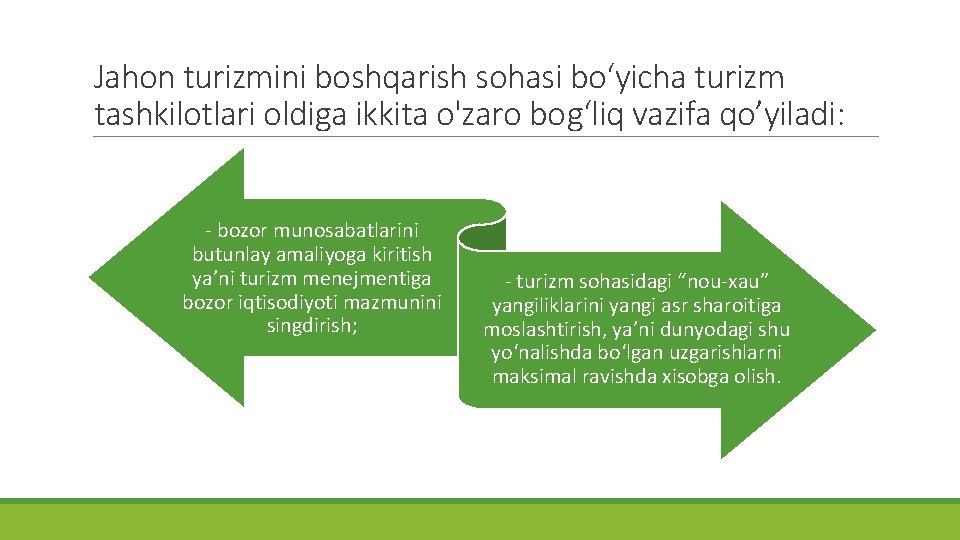 Jahon turizmini boshqarish sohasi bo‘yicha turizm tashkilotlari oldiga ikkita o'zaro bog‘liq vazifa qo’yiladi: -