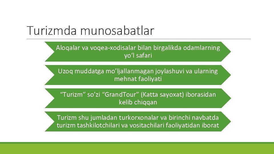 Turizmda munosabatlar Aloqalar va voqea-xodisalar bilan birgalikda odamlarning yo‘l safari Uzoq muddatga mo’ljallanmagan joylashuvi