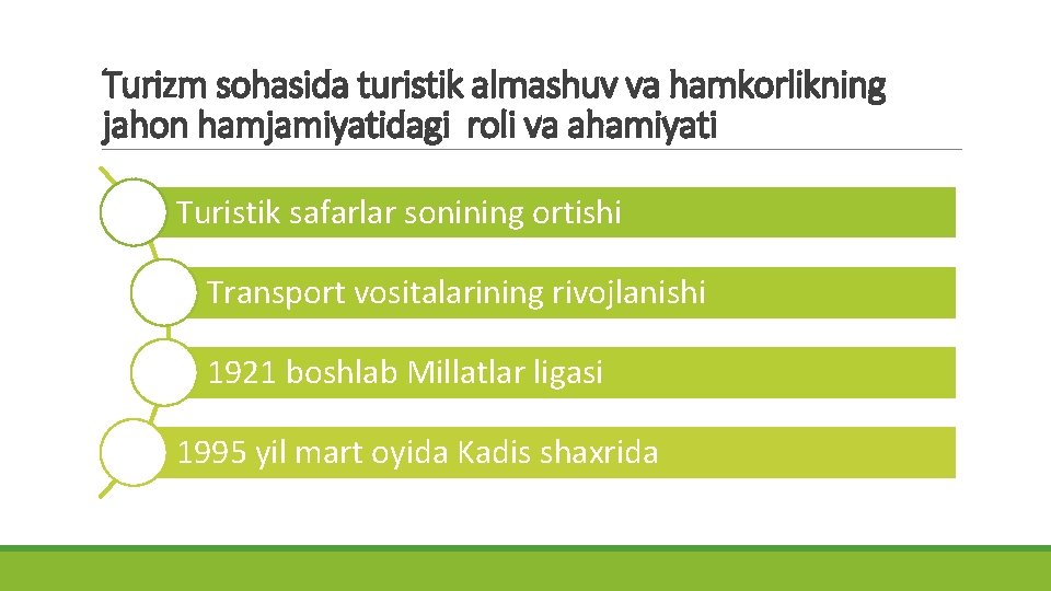 Turizm sohasida turistik almashuv va hamkorlikning jahon hamjamiyatidagi roli va ahamiyati Turistik safarlar sonining