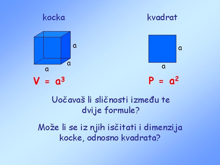 kocka kvadrat a a a V = a 3 a a P = a