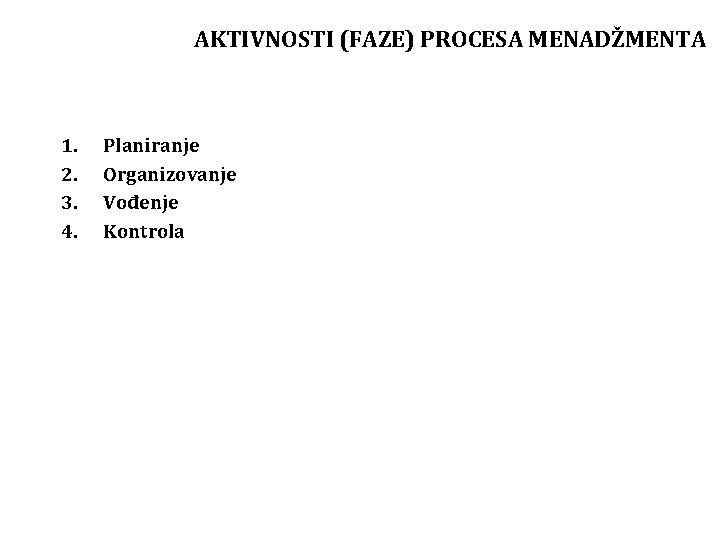 AKTIVNOSTI (FAZE) PROCESA MENADŽMENTA 1. 2. 3. 4. Planiranje Organizovanje Vođenje Kontrola 