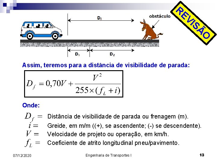 RE VI SÃ O Assim, teremos para a distância de visibilidade de parada: Onde: