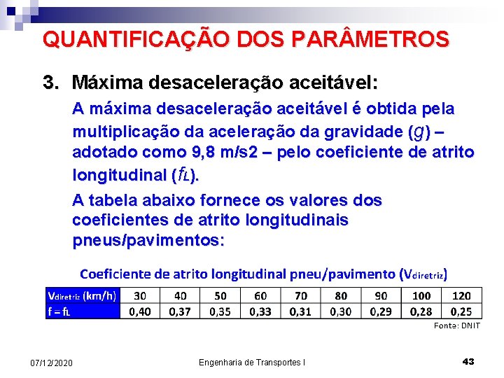 QUANTIFICAÇÃO DOS PAR METROS 3. Máxima desaceleração aceitável: A máxima desaceleração aceitável é obtida