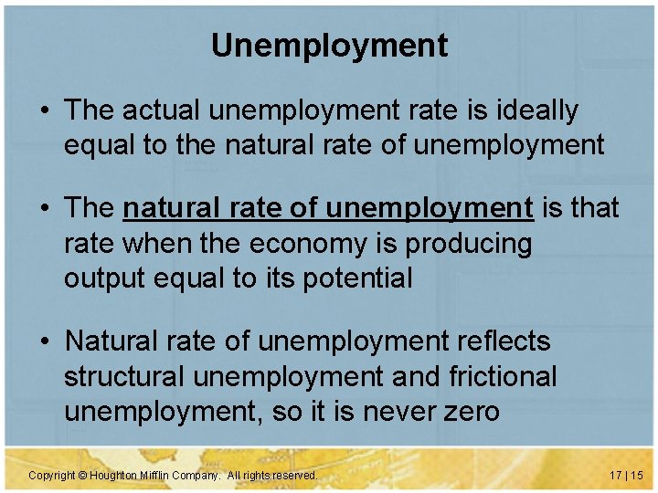 Unemployment • The actual unemployment rate is ideally equal to the natural rate of