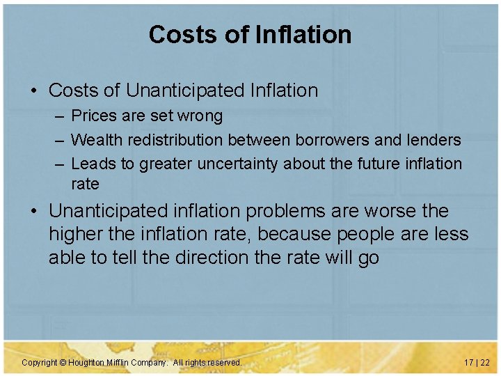 Costs of Inflation • Costs of Unanticipated Inflation – Prices are set wrong –
