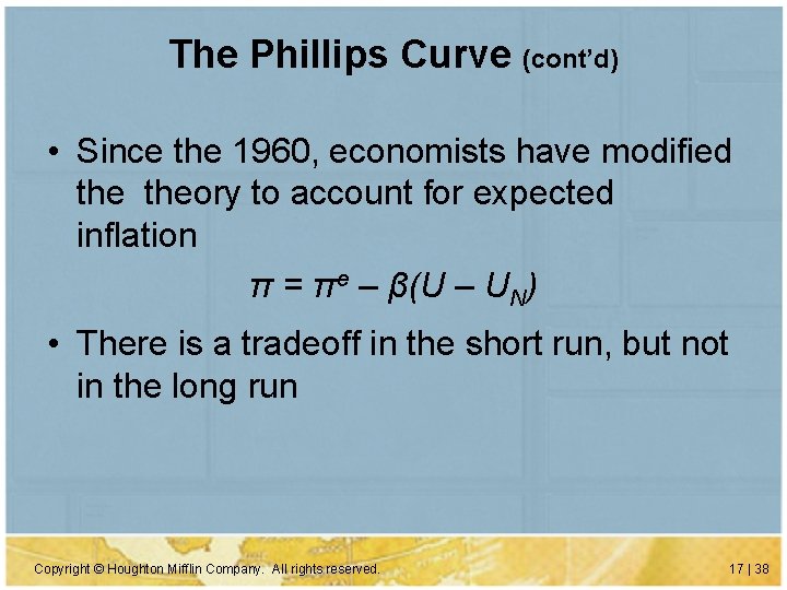 The Phillips Curve (cont’d) • Since the 1960, economists have modified theory to account