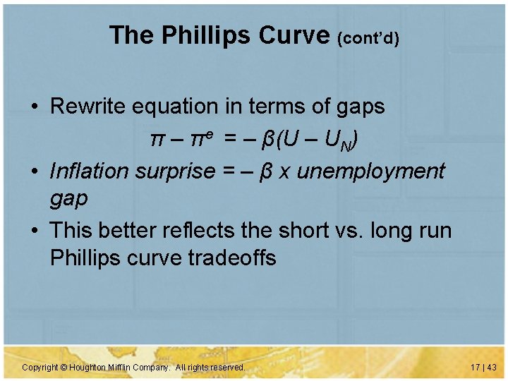 The Phillips Curve (cont’d) • Rewrite equation in terms of gaps π – πe