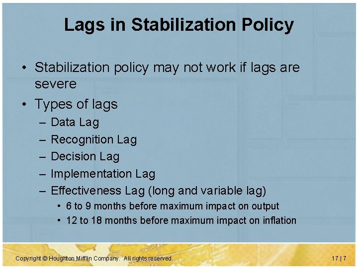 Lags in Stabilization Policy • Stabilization policy may not work if lags are severe