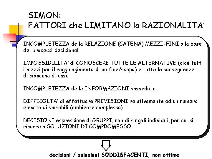 SIMON: FATTORI che LIMITANO la RAZIONALITA’ INCOMPLETEZZA della RELAZIONE (CATENA) MEZZI-FINI alla base dei