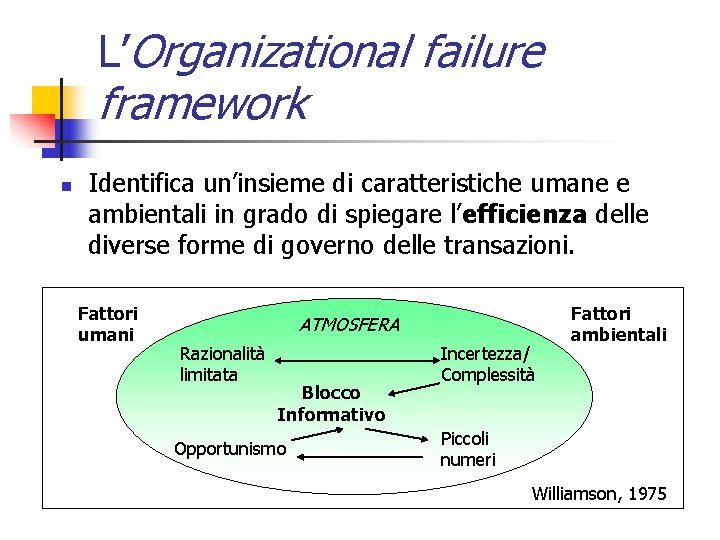 L’Organizational failure framework n Identifica un’insieme di caratteristiche umane e ambientali in grado di