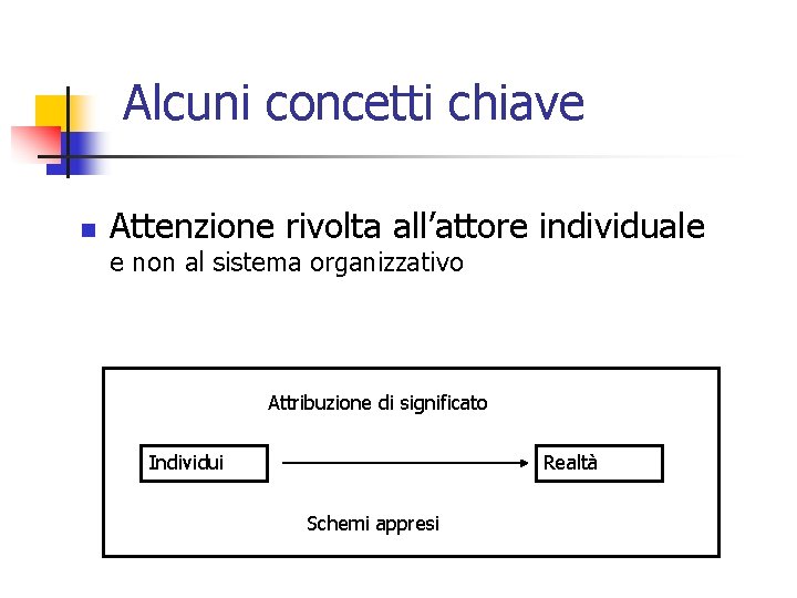 Alcuni concetti chiave n Attenzione rivolta all’attore individuale e non al sistema organizzativo Attribuzione