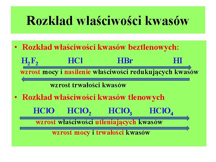 Rozkład właściwości kwasów • Rozkład właściwości kwasów beztlenowych: H 2 F 2 HCl HBr