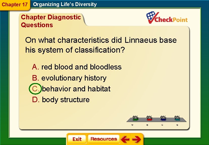 Chapter 17 Organizing Life’s Diversity Chapter Diagnostic Questions On what characteristics did Linnaeus base