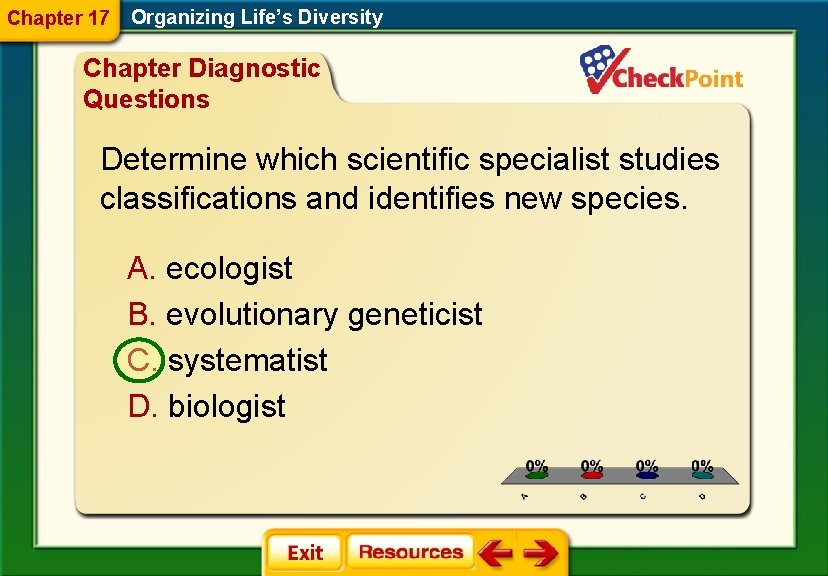 Chapter 17 Organizing Life’s Diversity Chapter Diagnostic Questions Determine which scientific specialist studies classifications