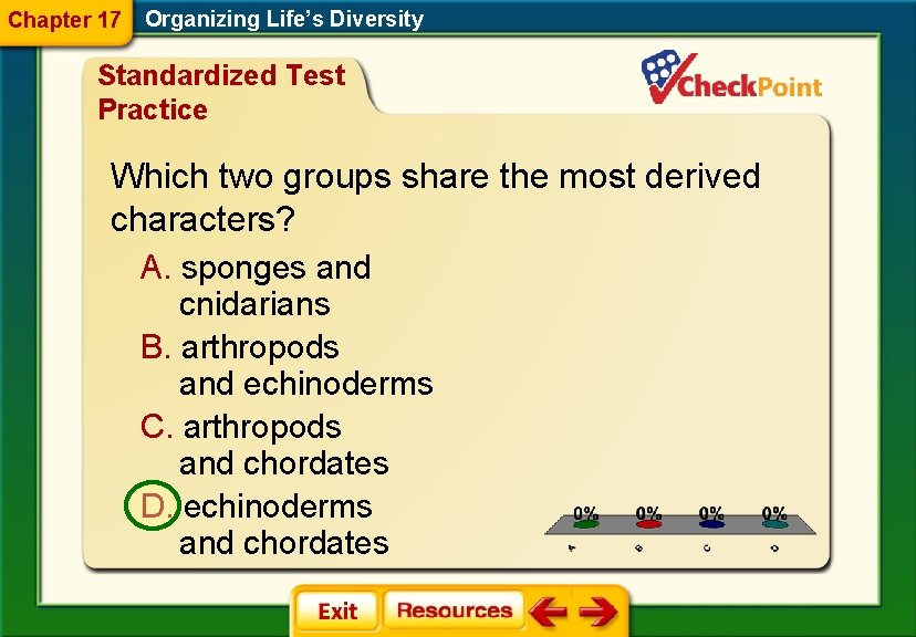 Chapter 17 Organizing Life’s Diversity Standardized Test Practice Which two groups share the most