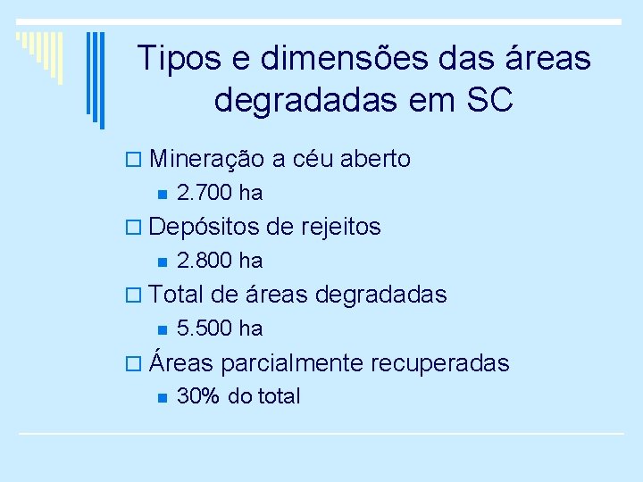 Tipos e dimensões das áreas degradadas em SC o Mineração a céu aberto n