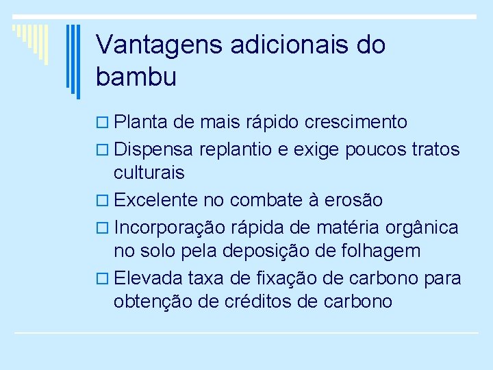 Vantagens adicionais do bambu o Planta de mais rápido crescimento o Dispensa replantio e