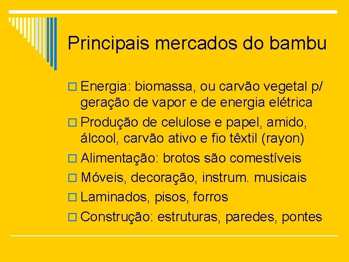 Principais mercados do bambu o Energia: biomassa, ou carvão vegetal p/ geração de vapor