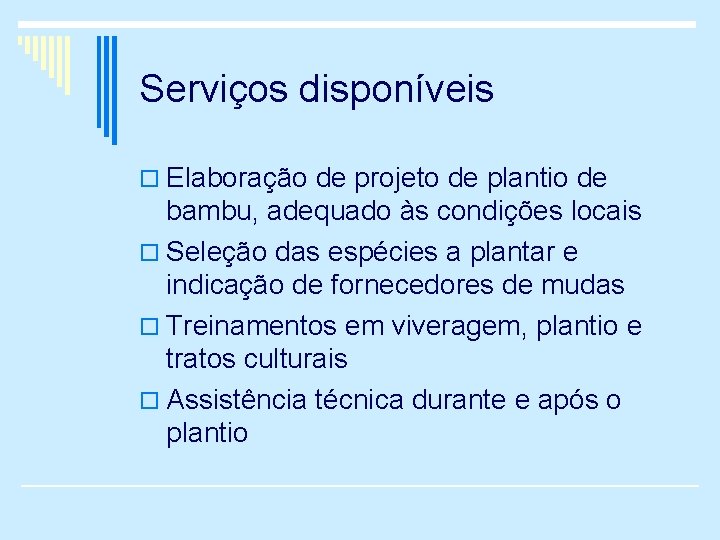 Serviços disponíveis o Elaboração de projeto de plantio de bambu, adequado às condições locais