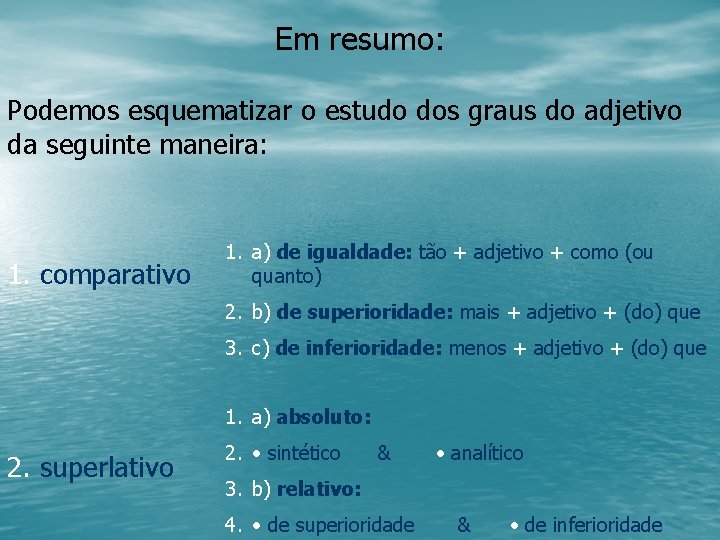 Em resumo: Podemos esquematizar o estudo dos graus do adjetivo da seguinte maneira: 1.