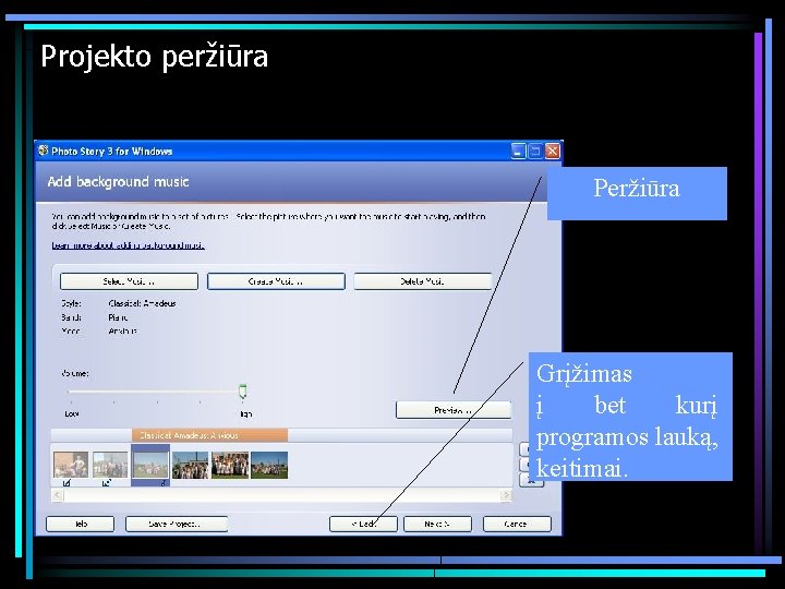 Projekto peržiūra Peržiūra Grįžimas į bet kurį programos lauką, keitimai. 