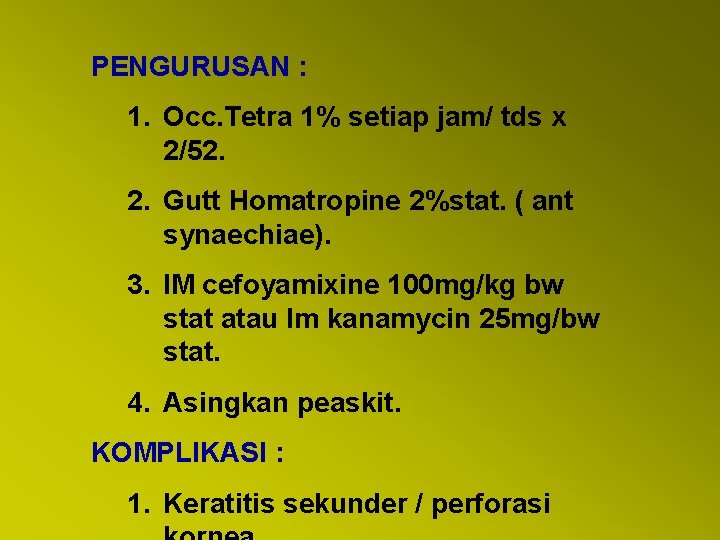 PENGURUSAN : 1. Occ. Tetra 1% setiap jam/ tds x 2/52. 2. Gutt Homatropine