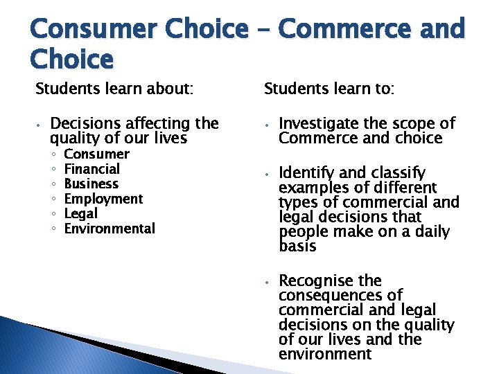 Consumer Choice – Commerce and Choice Students learn about: • Decisions affecting the quality