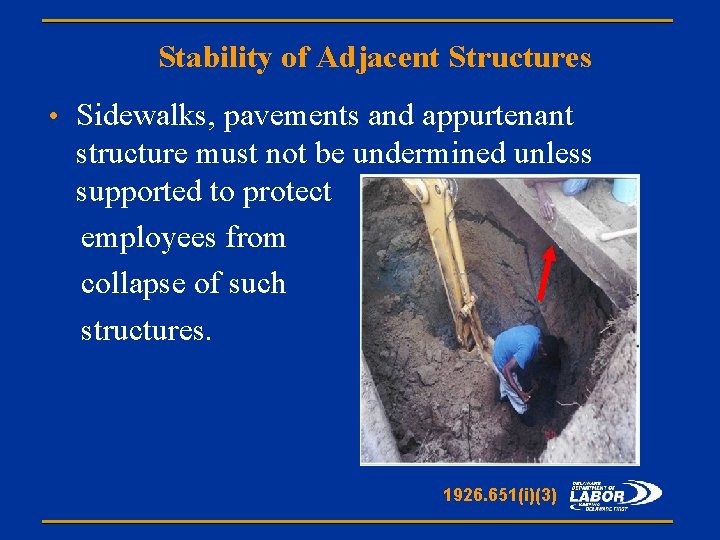 Stability of Adjacent Structures • Sidewalks, pavements and appurtenant structure must not be undermined