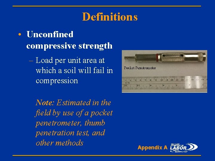 Definitions • Unconfined compressive strength – Load per unit area at which a soil