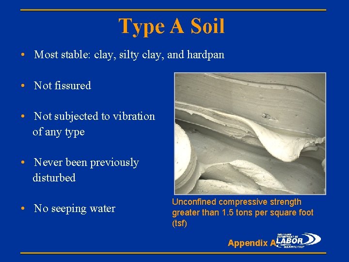 Type A Soil • Most stable: clay, silty clay, and hardpan • Not fissured