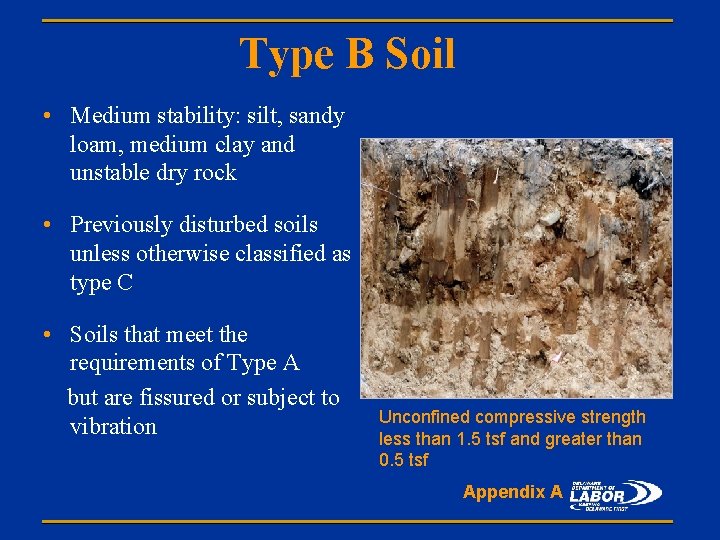 Type B Soil • Medium stability: silt, sandy loam, medium clay and unstable dry