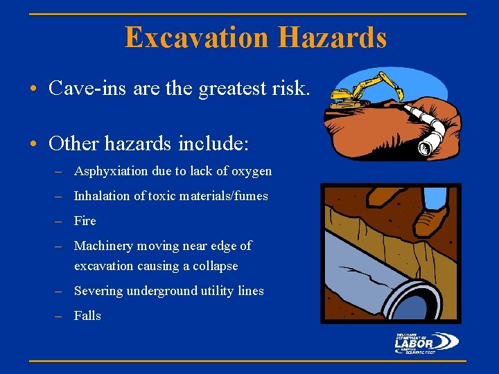 Excavation Hazards • Cave-ins are the greatest risk. • Other hazards include: – Asphyxiation